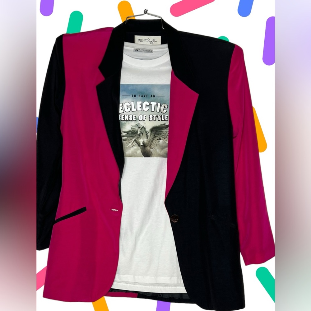 90s Paul et Duffier Hot Pink and Black Color Block Blazer and Zara T-Shirt